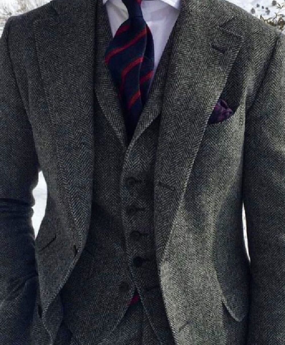 Men’s Grey Herringbone Tweed Suit – Classic Three-Piece Formal Set for Winter Weddings & Events