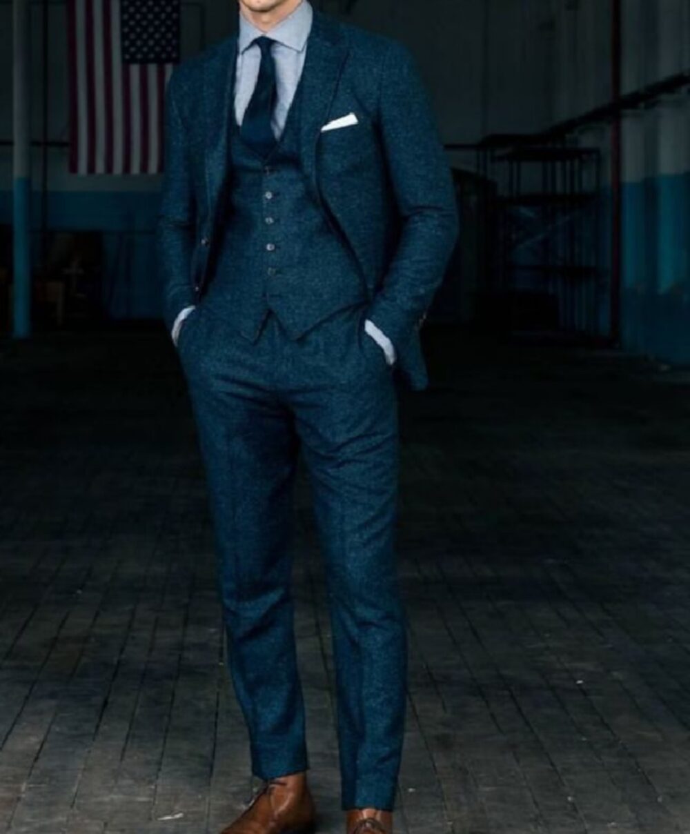 Men’s Navy Blue Tweed Three-Piece Suit – Tailored Classic for Business, Weddings & Formal Events
