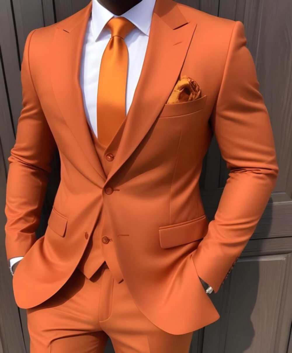 Men’s Bright Orange Three-Piece Suit – Statement Wedding or Party Outfit with Bold Personality