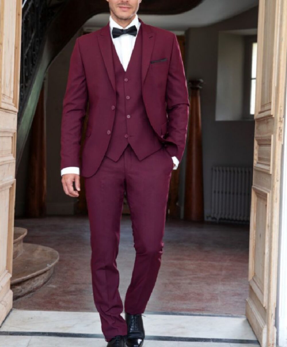 Custom Maroon Three-Piece Tuxedo Suit – Tailored Fit for Weddings and Events